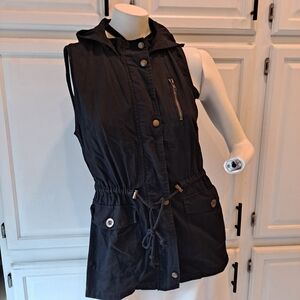 C'Est Toi Black Hooded Military Anorak Utility Cotton Vest Wirh Hood